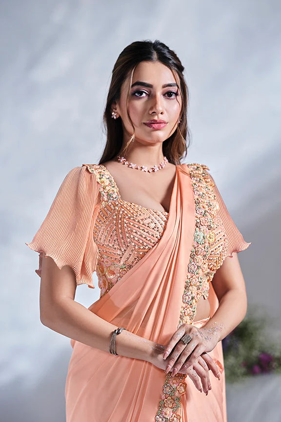 MAYRAKE Peach Ready-to-Wear Crepe Satin Silk Saree with Sequins & Moti Work