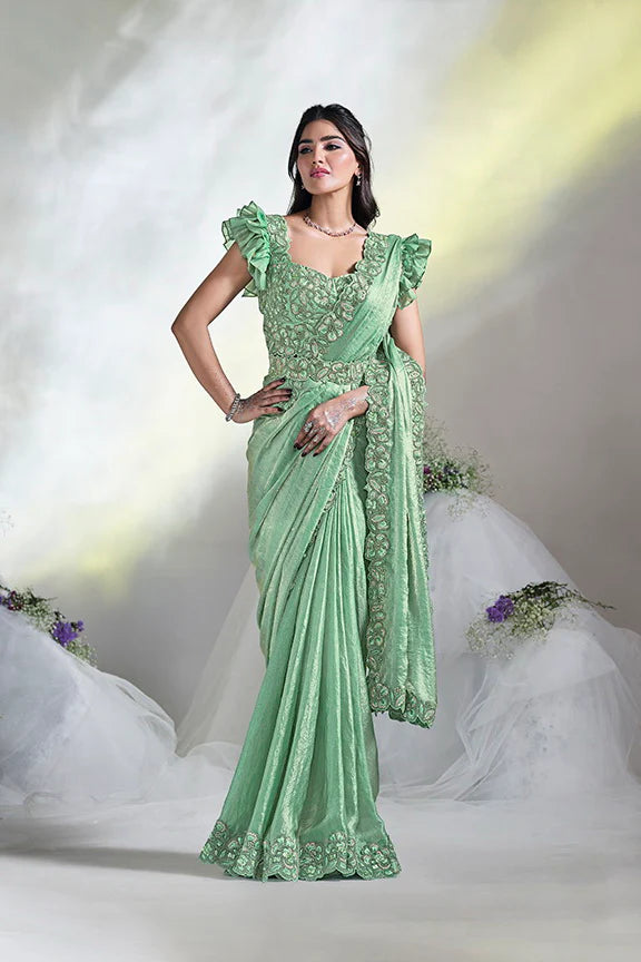 MAYRAKE Green Ready-to-Wear Crepe Satin Silk Saree with Sequins & Moti Work (Copy)