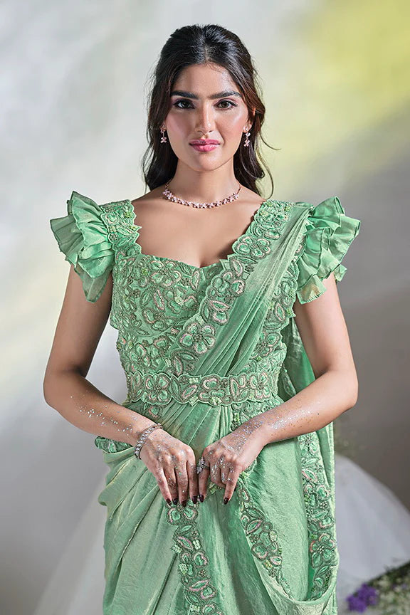 MAYRAKE Green Ready-to-Wear Crepe Satin Silk Saree with Sequins & Moti Work (Copy)