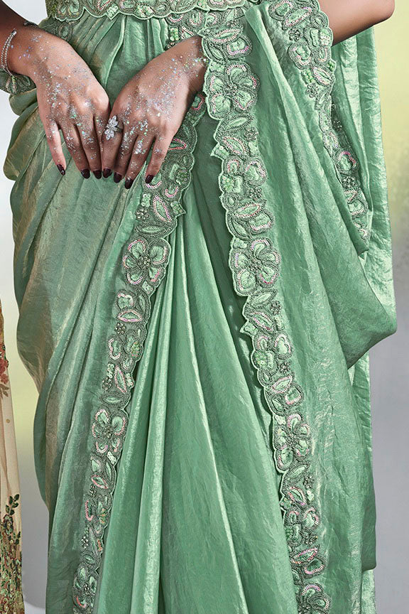 MAYRAKE Green Ready-to-Wear Crepe Satin Silk Saree with Sequins & Moti Work (Copy)