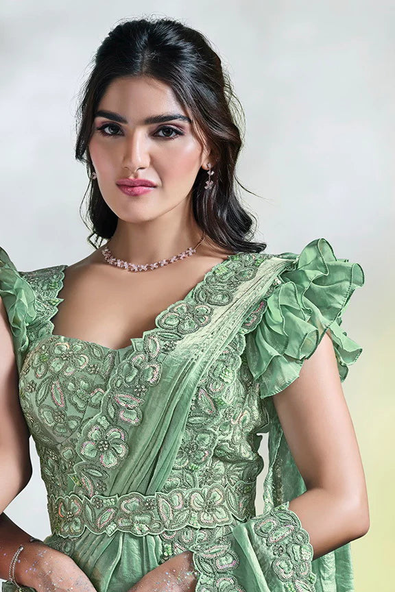 MAYRAKE Green Ready-to-Wear Crepe Satin Silk Saree with Sequins & Moti Work (Copy)