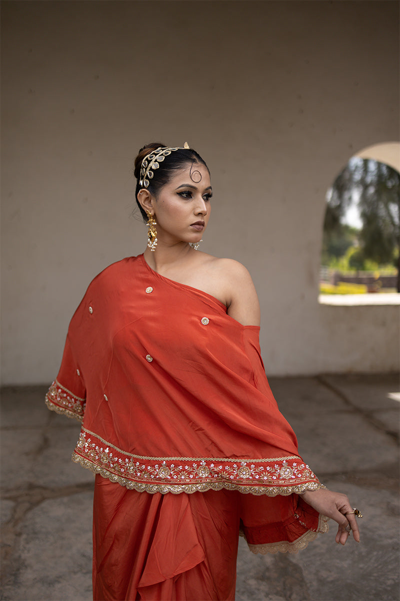 Orange Crepe Silk 3-Piece Indo-Western Dhoti Pattern Set with Top