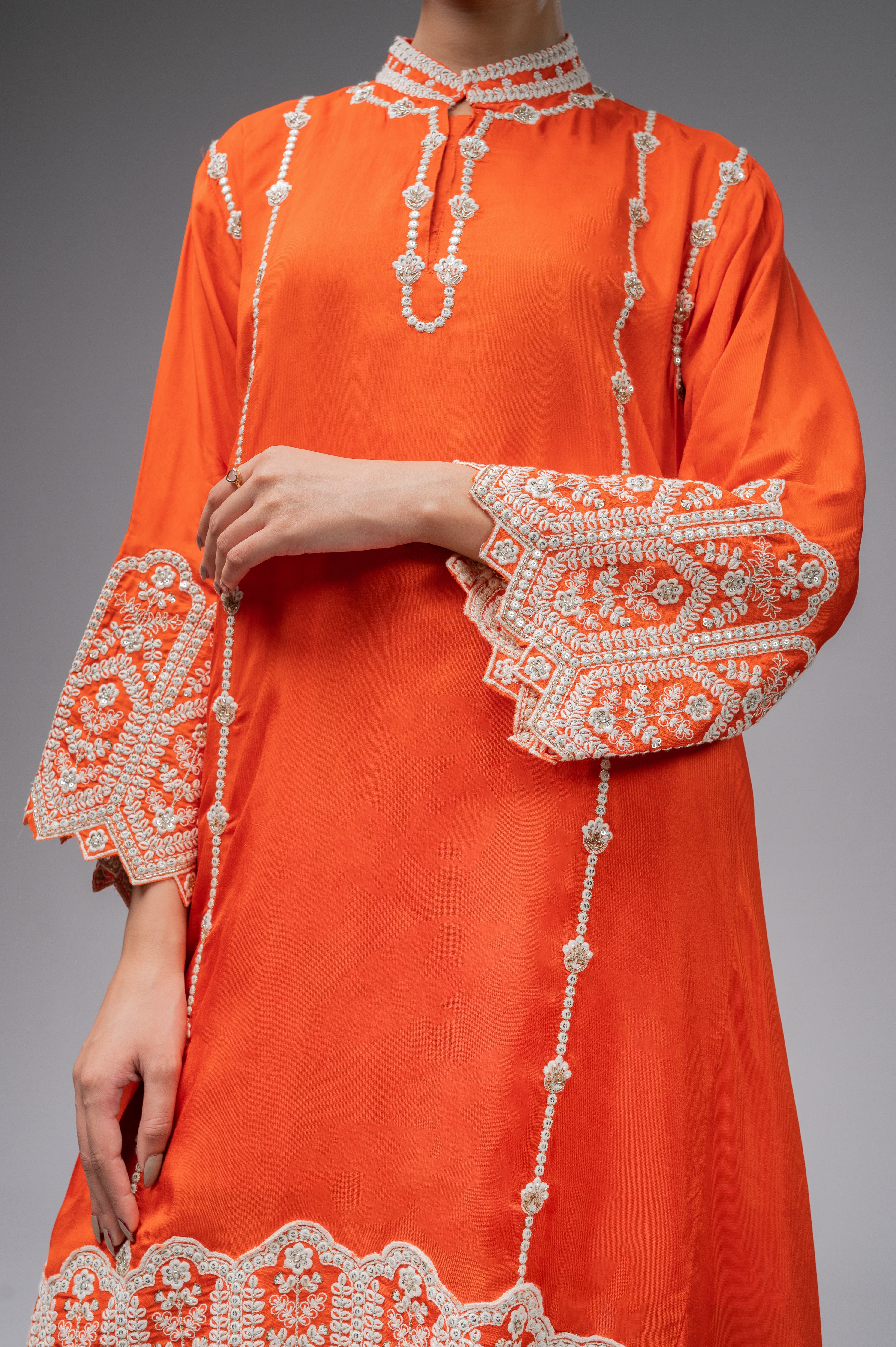 Orange Palazzo Crepe Kurta Set with Silver Embroidery