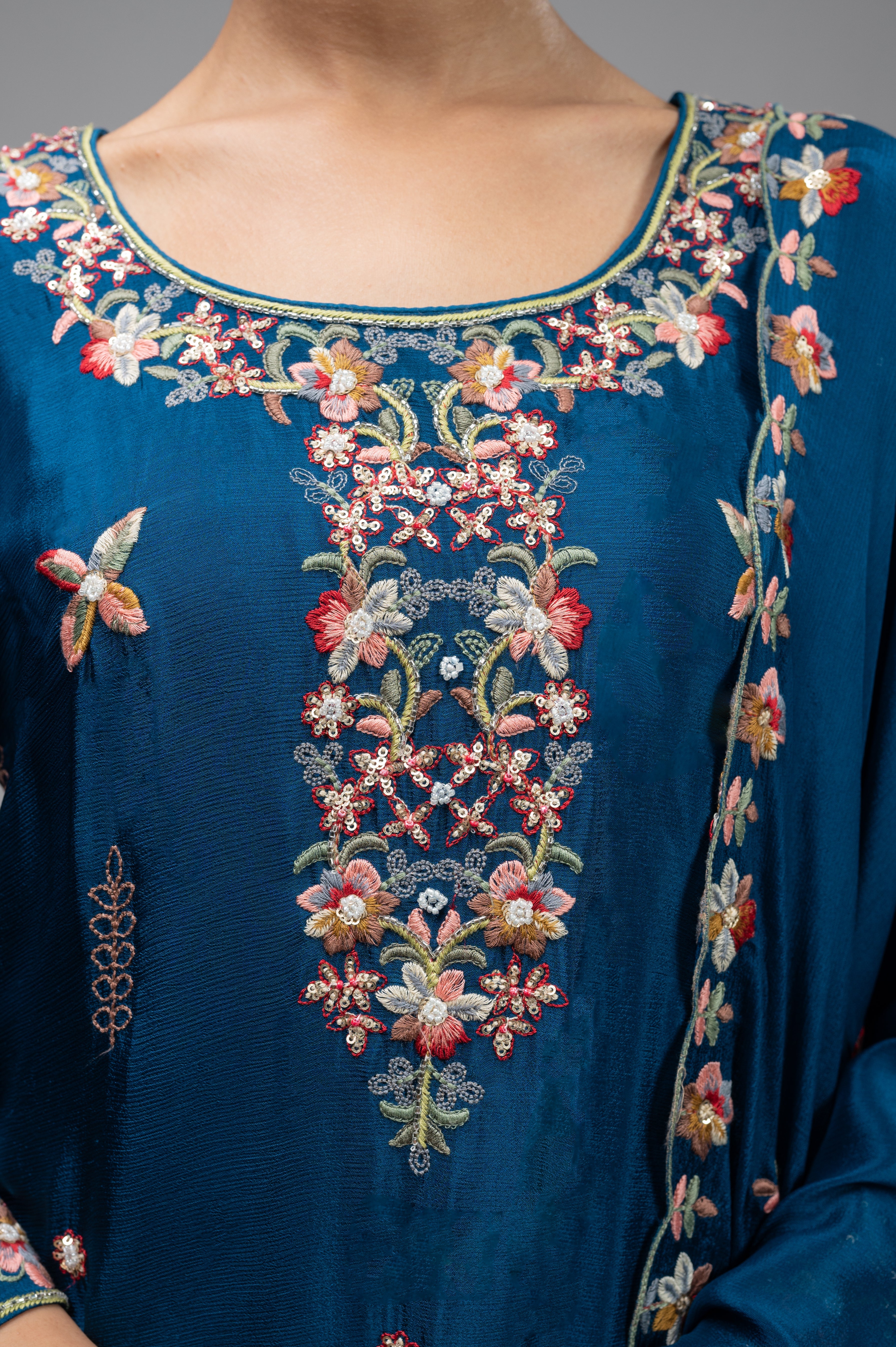 Peacock Blue Garara Set with Pearl, Pipe & Colorful Thread Work Embroidery