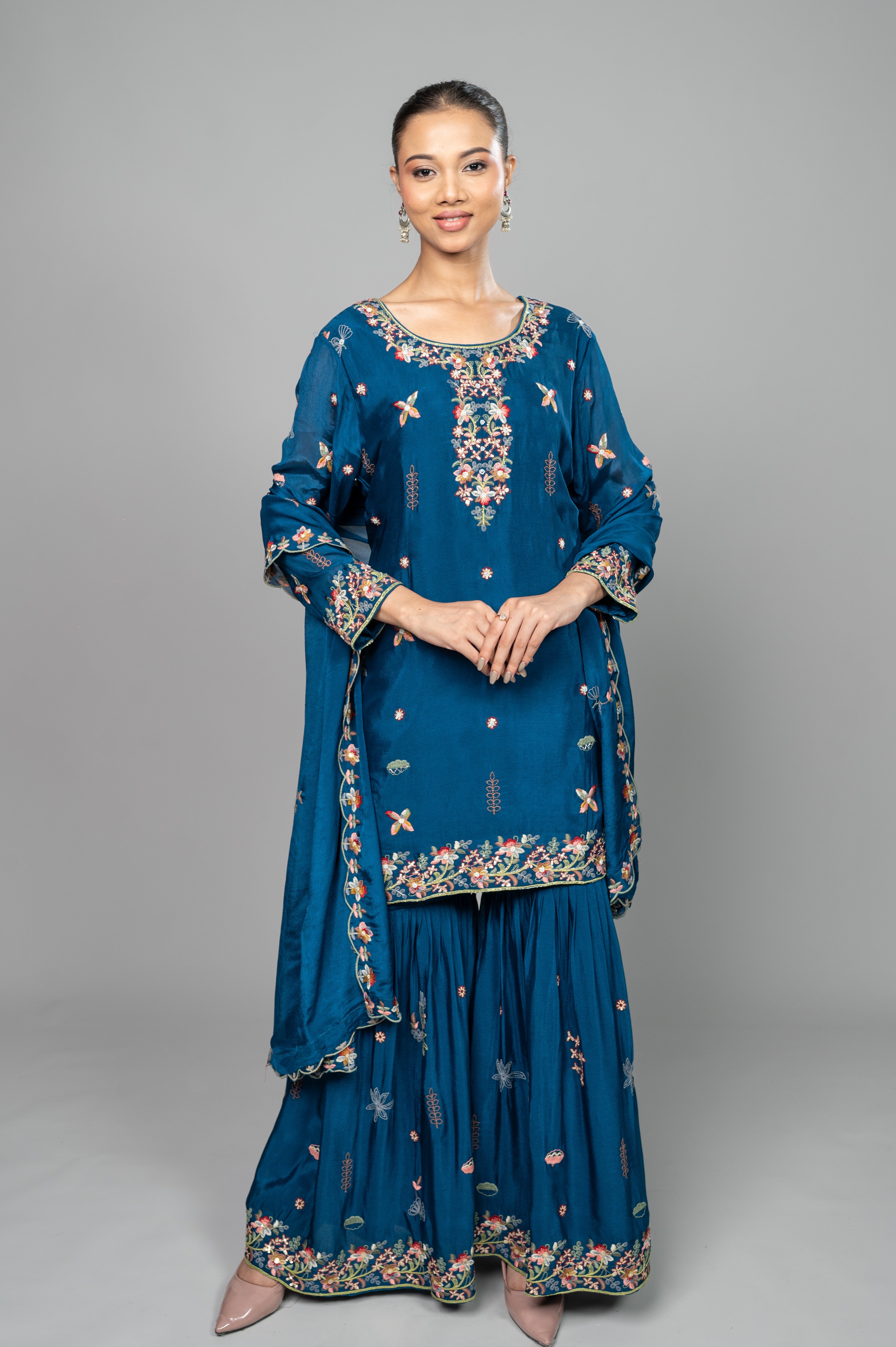 Peacock Blue Garara Set with Pearl, Pipe & Colorful Thread Work Embroidery