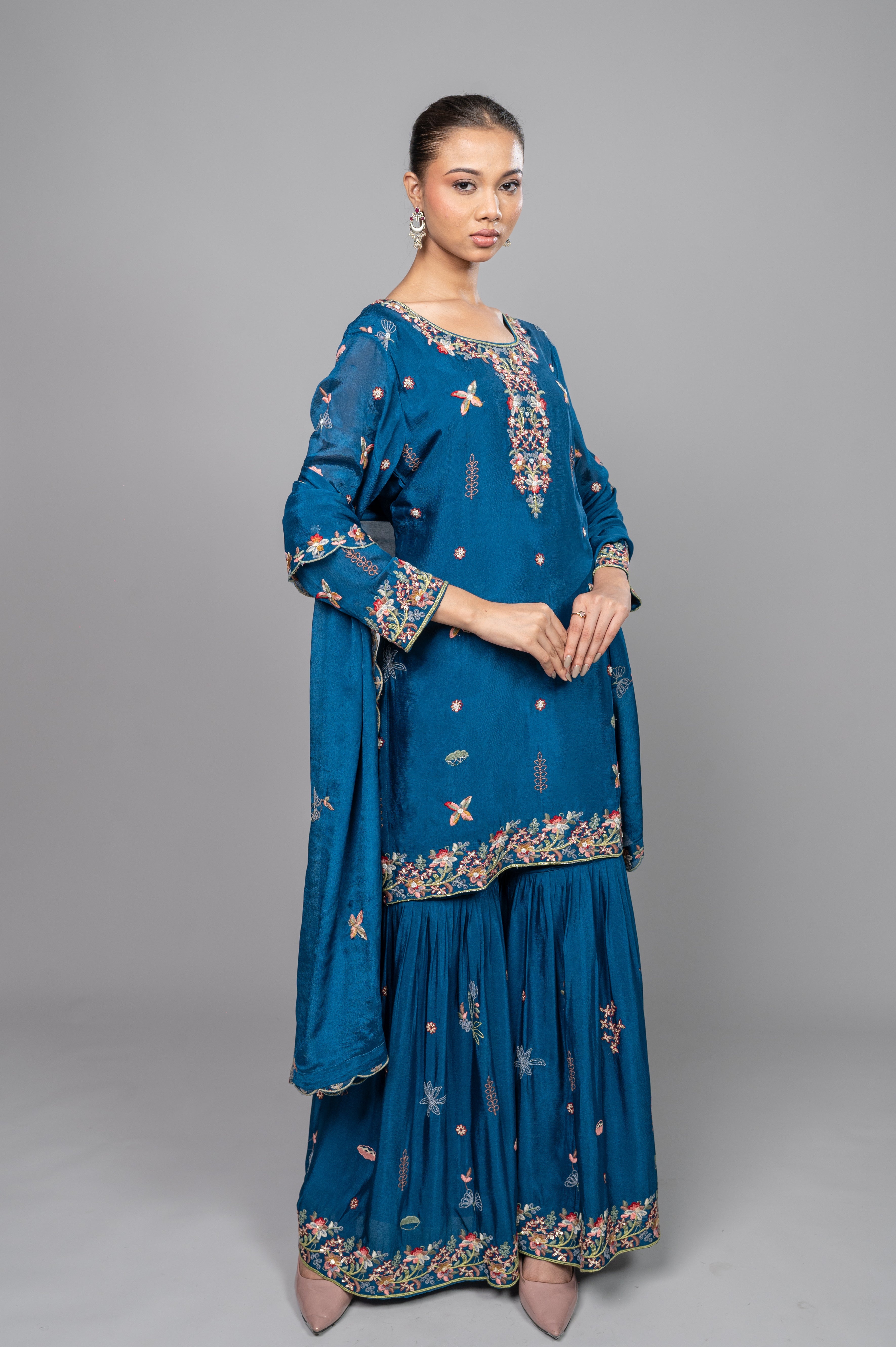 Peacock Blue Garara Kurta Set with Pearl, Jarkan & Multicolor Embroidery