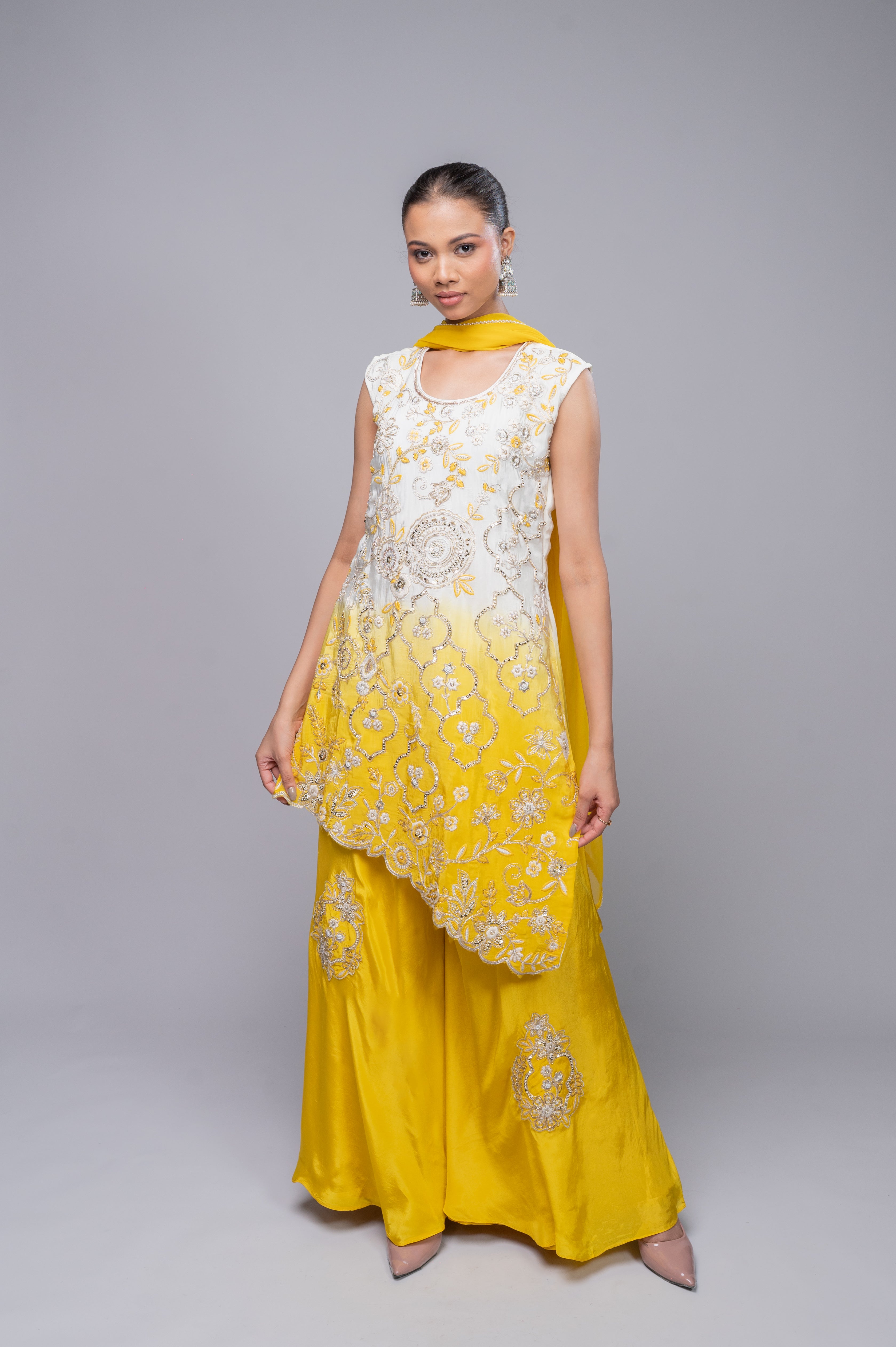 Dark Pink-Cream Shaded Crepe Palazzo Suit with Pearl Embroidered Work
