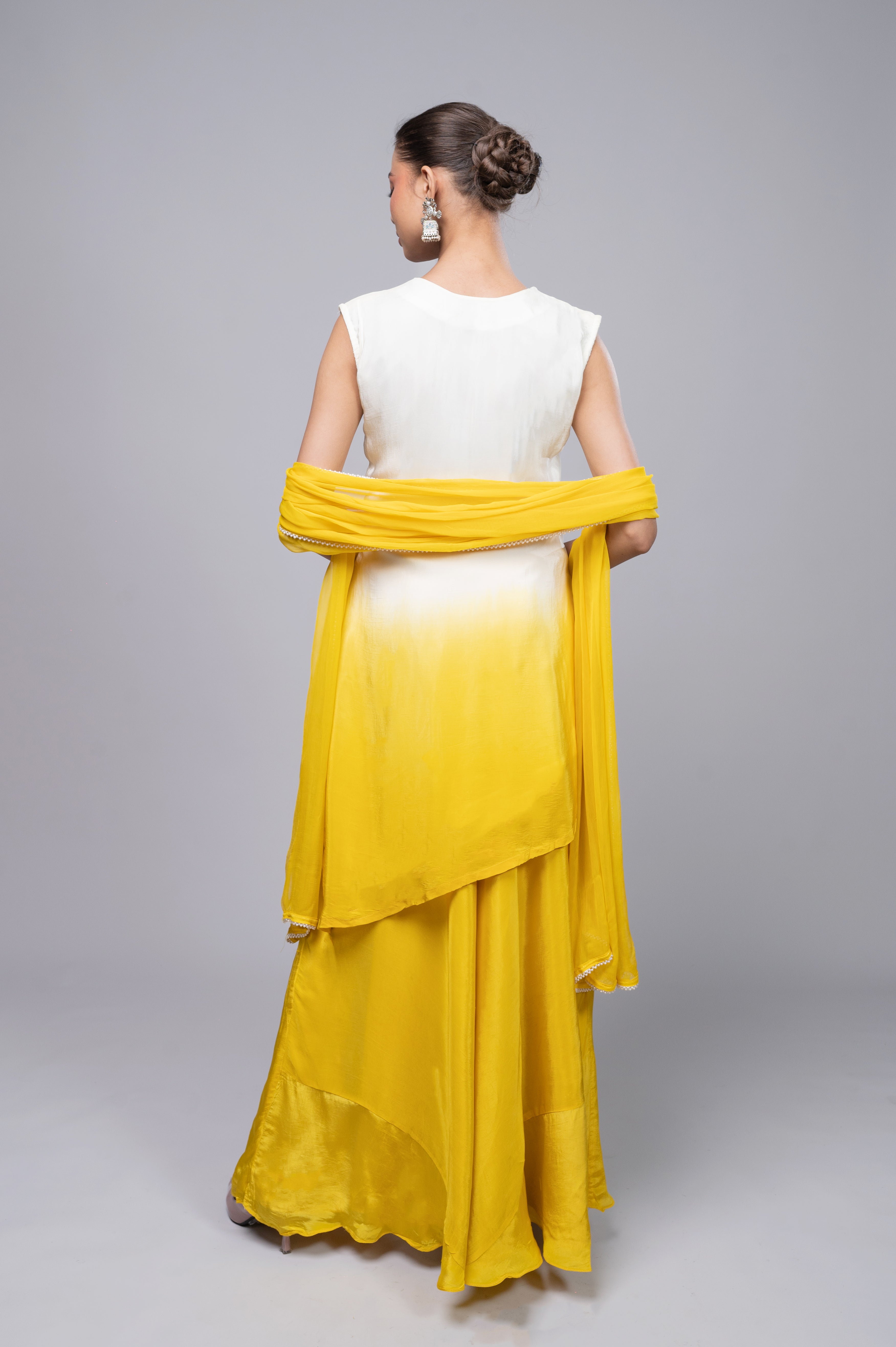Yellow-Ivory Cream Shaded Crepe Palazzo Suit with Pearl Embroidered Work