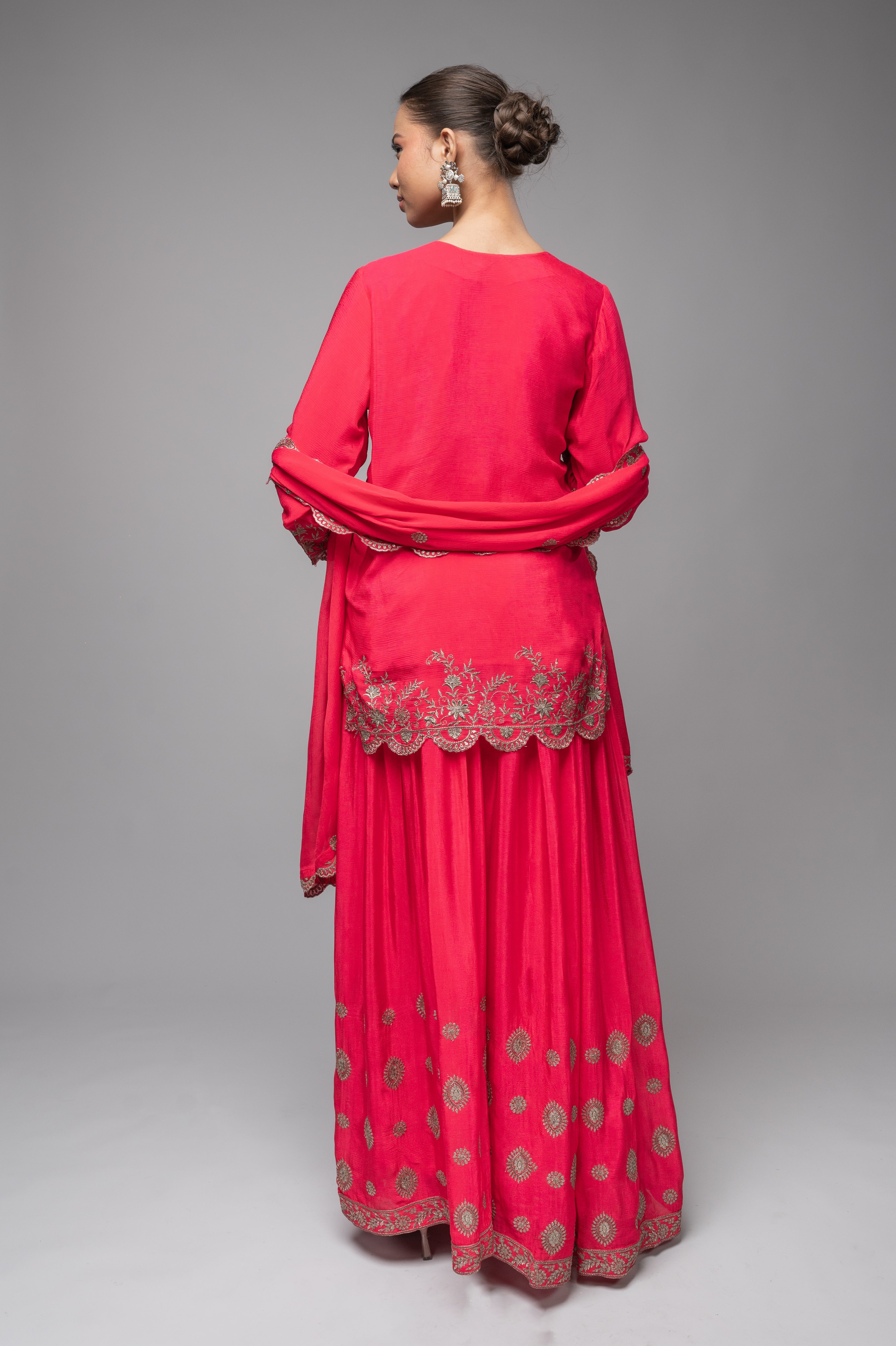 Rani Pink Crepe Kurta Sharara Set with Golden Zari Embroidery