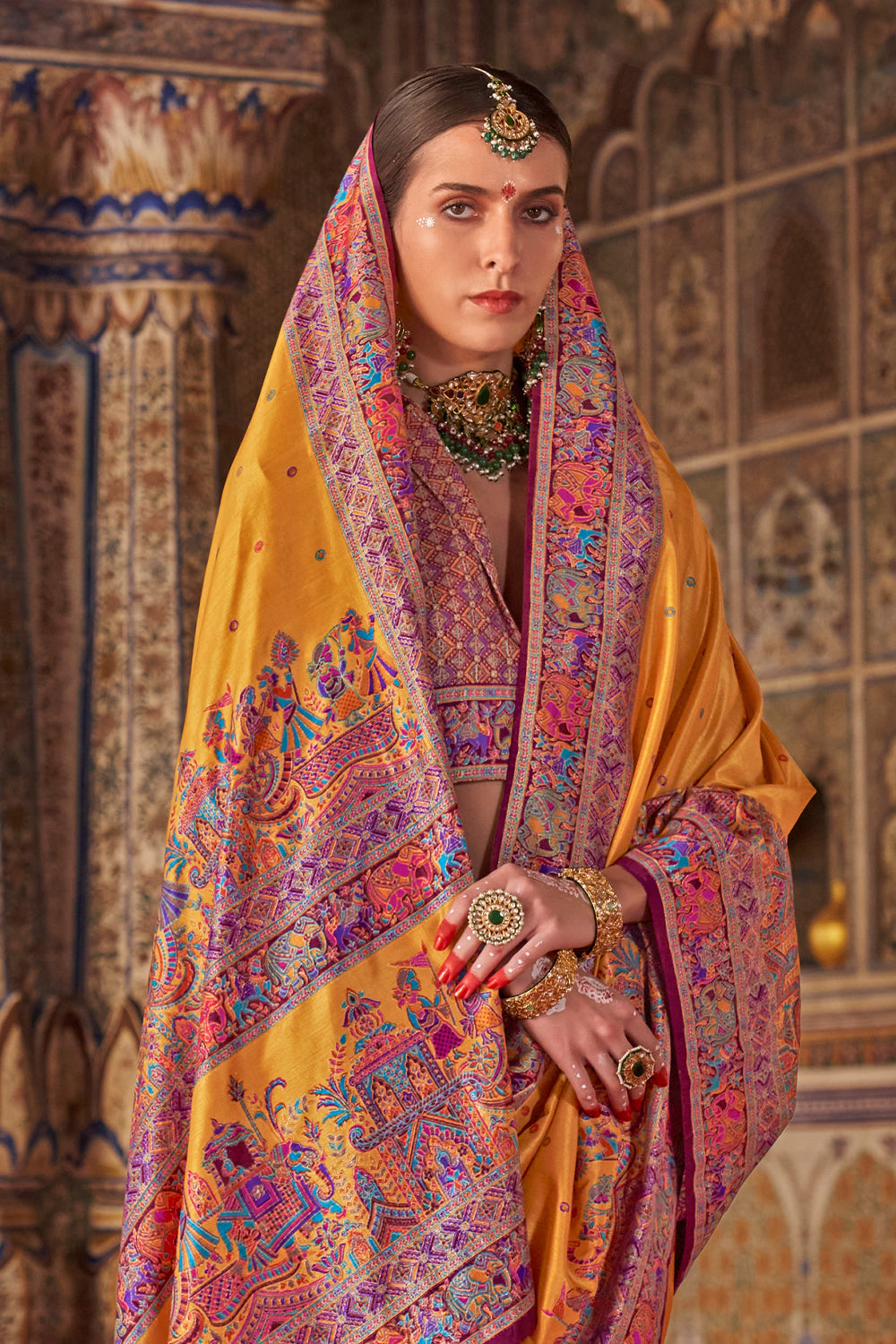 Marigold Yellow Raw Silk Saree with Heritage Prints