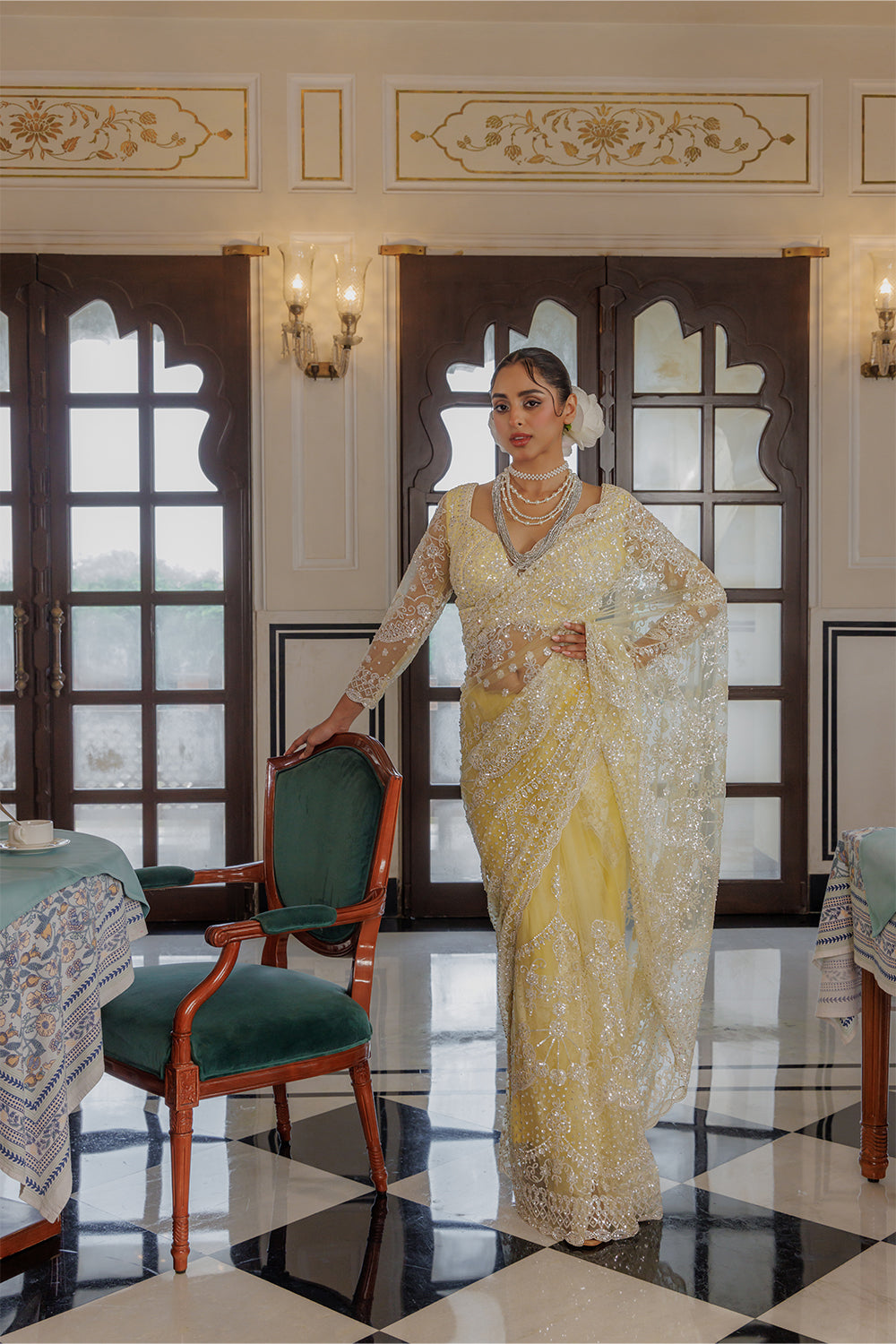Yellow Super Net Saree with Sequin and Swarovski Work