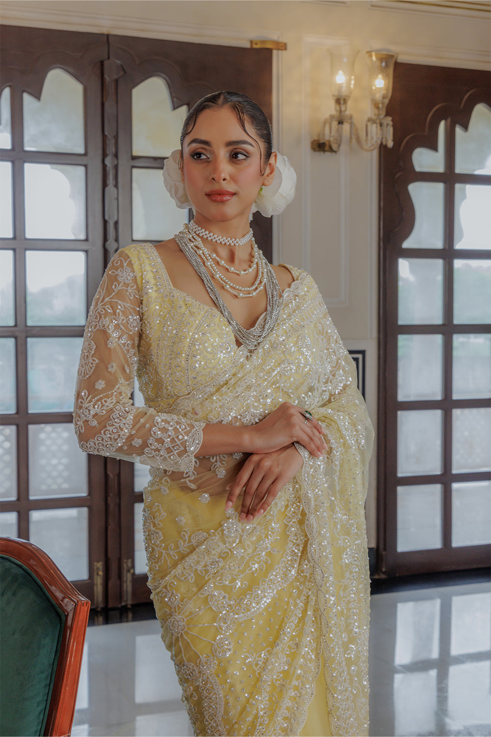 Yellow Super Net Saree with Sequin and Swarovski Work