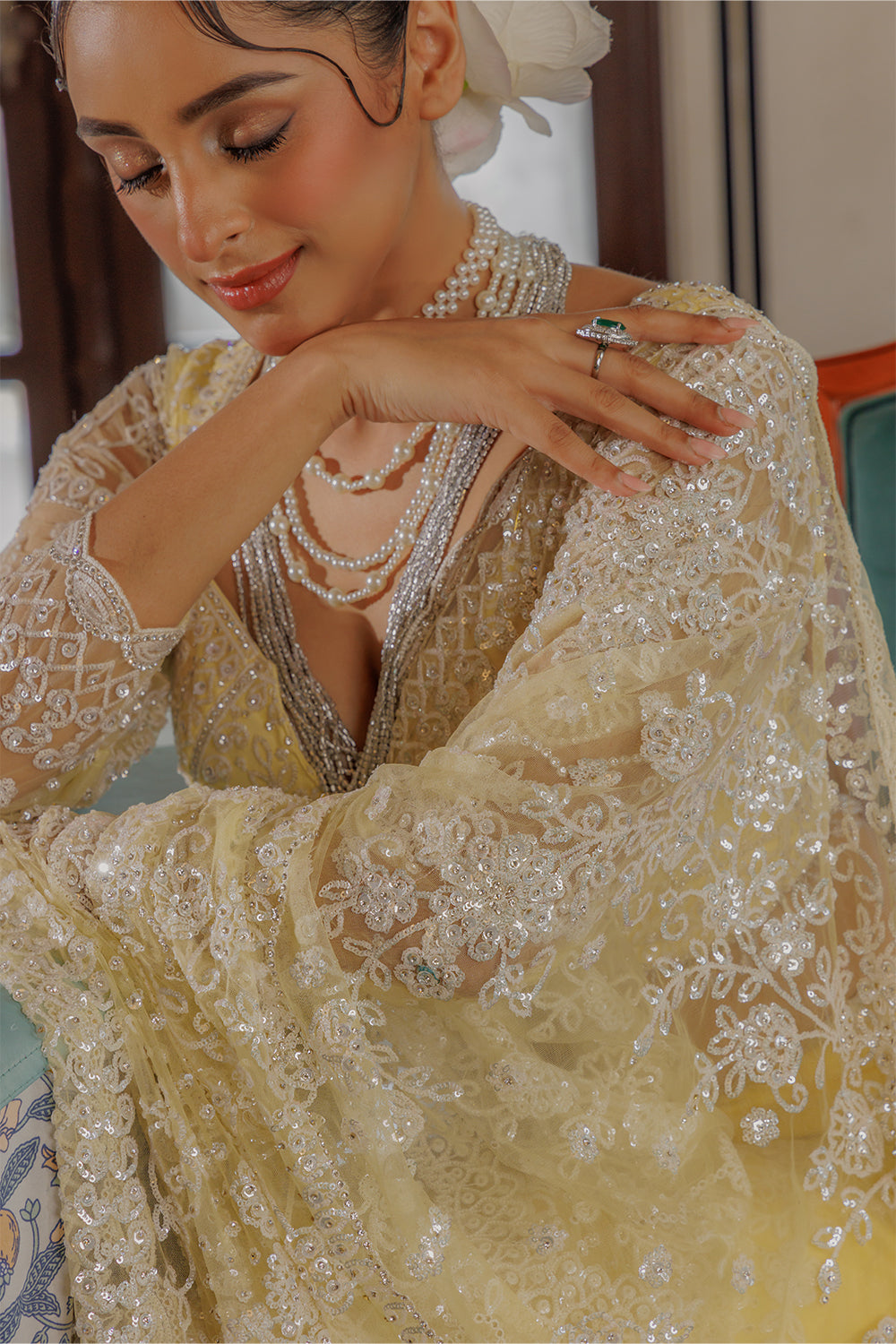 Yellow Super Net Saree with Sequin and Swarovski Work