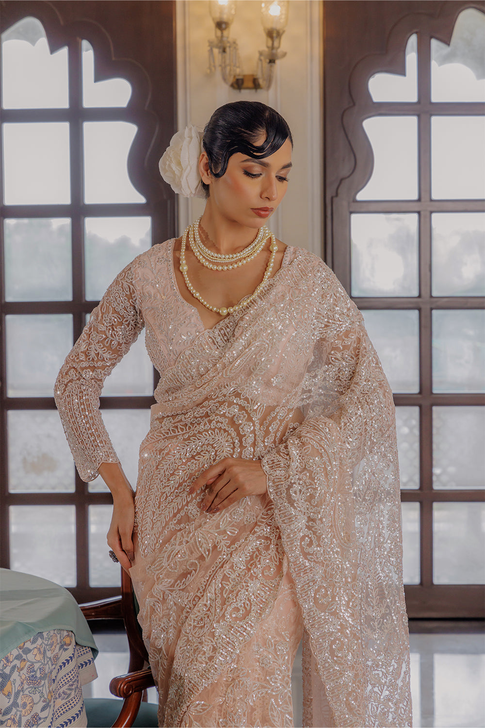 Beige Cream Super Net Saree with Zircon Stone & Sequin Embroidery