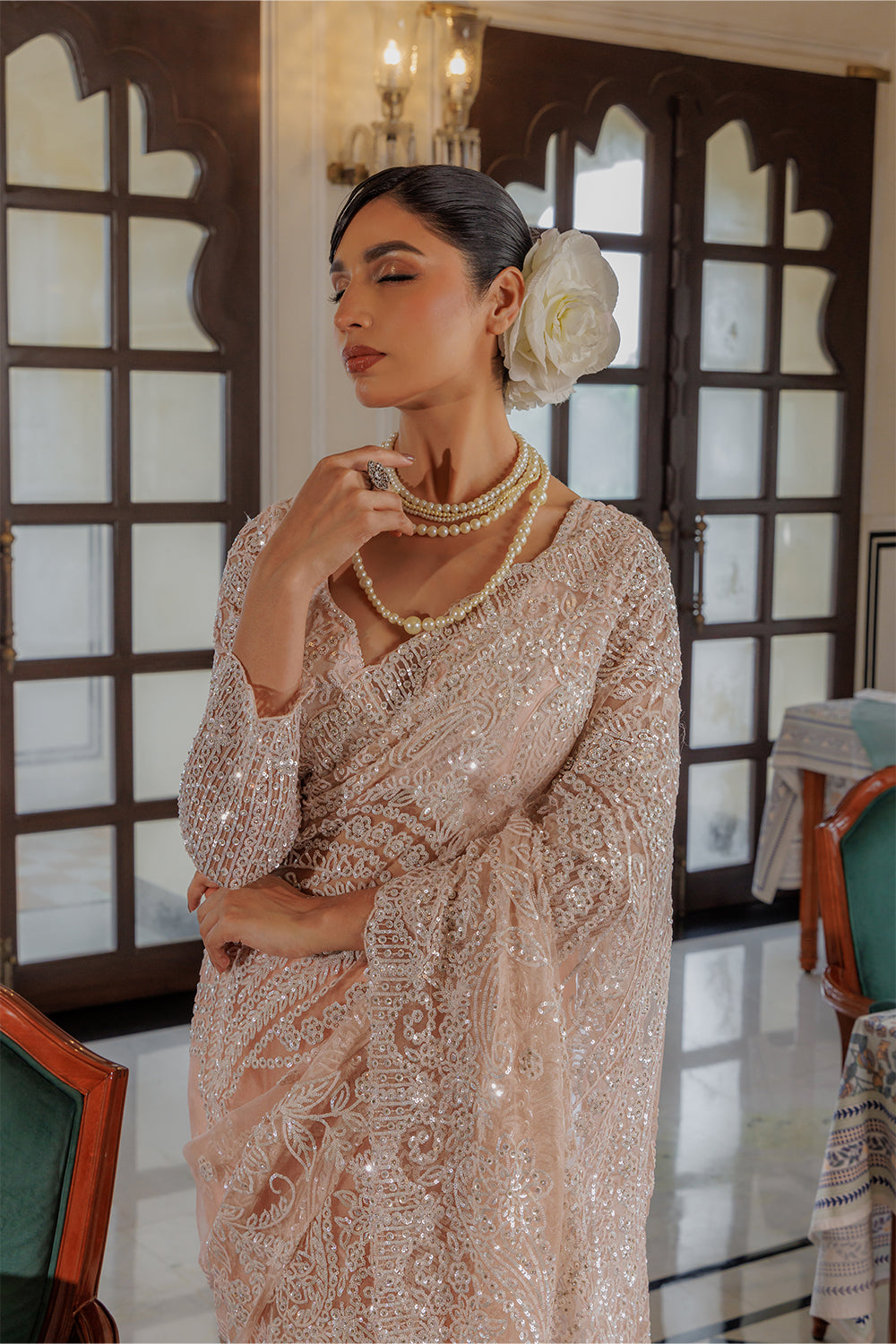 Beige Cream Super Net Saree with Zircon Stone & Sequin Embroidery