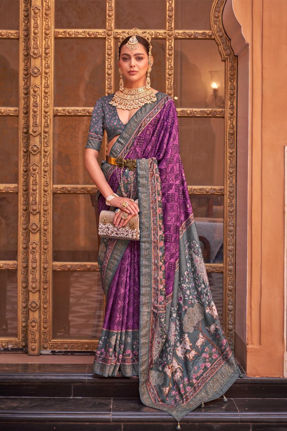 Purple Raw Silk Saree with Regal Bovine Motifs