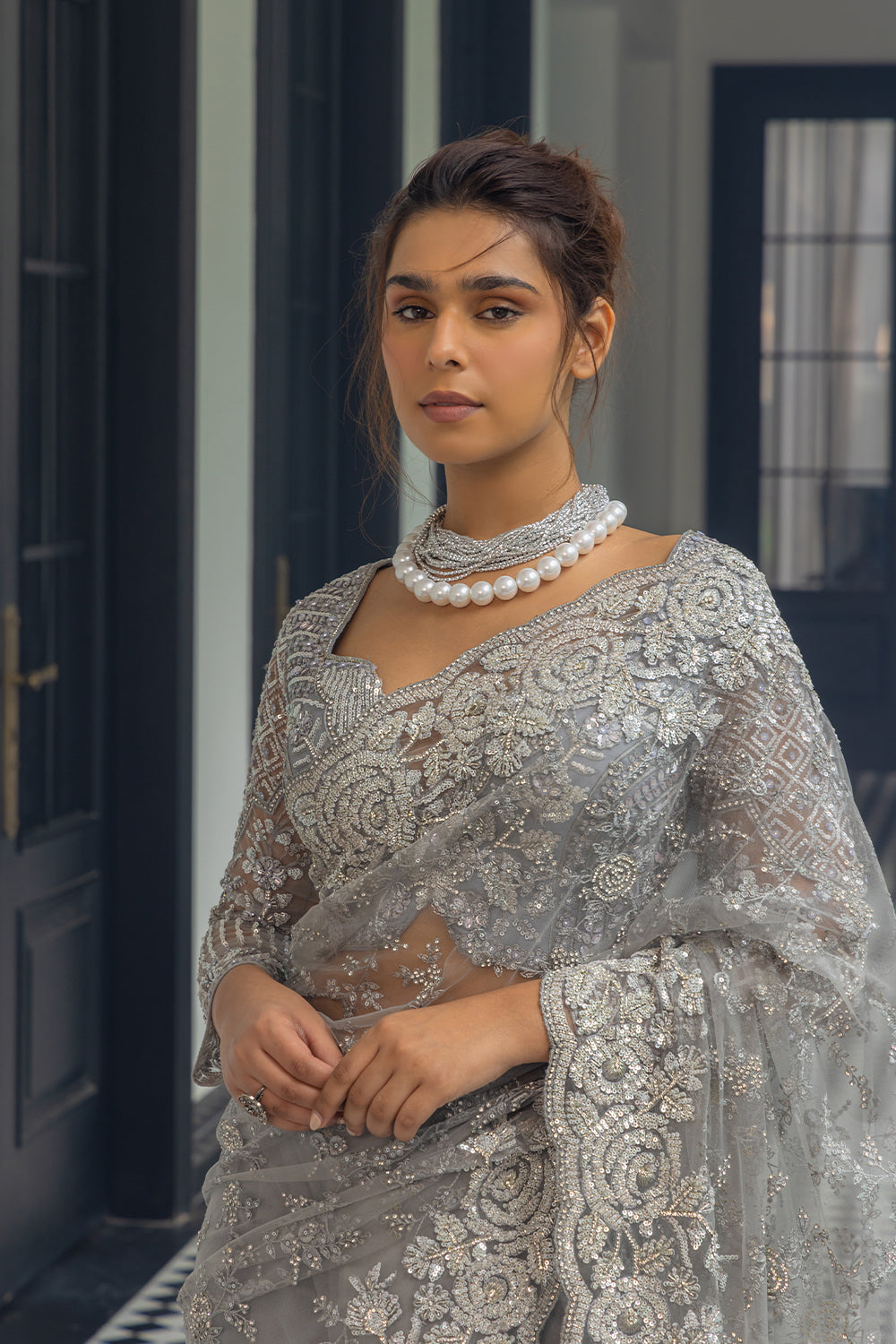 Grey Super Net Saree with Zircon Stone & Sequin Embroidery