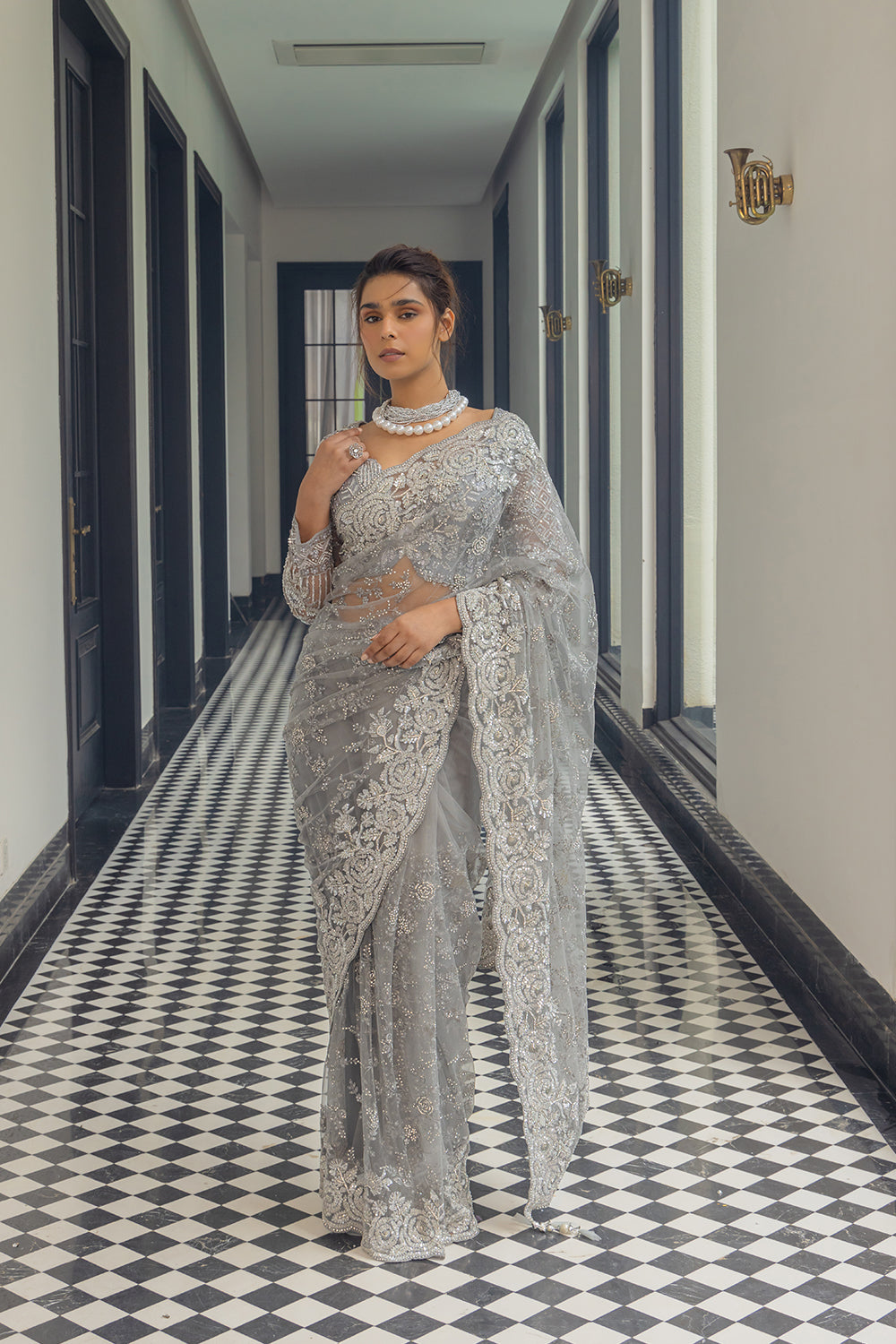 Grey Super Net Saree with Zircon Stone & Sequin Embroidery