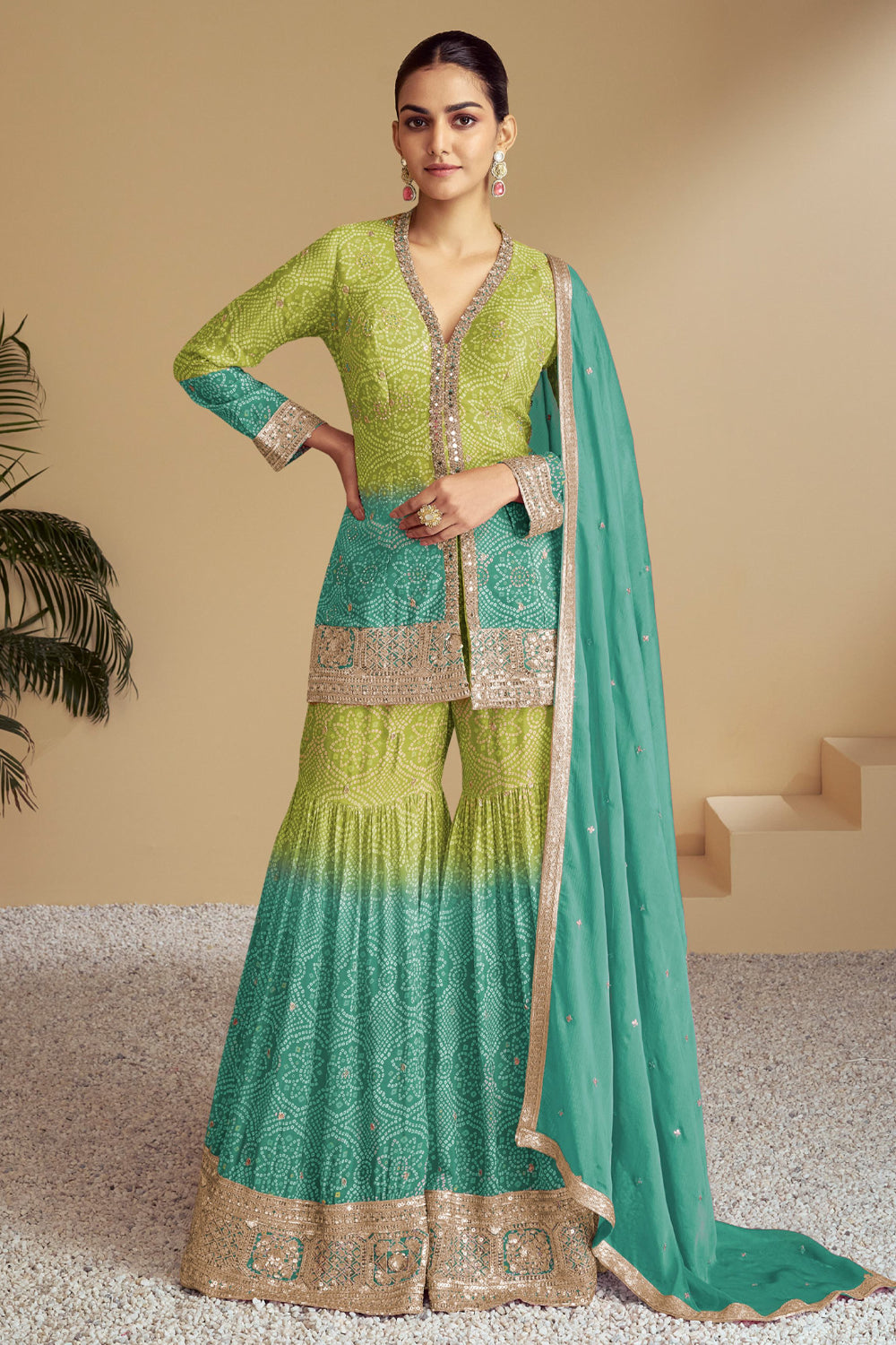 Pink-Orange Bandhani Print Sharara Silk Suit with Zari Work and Matching Dupatta